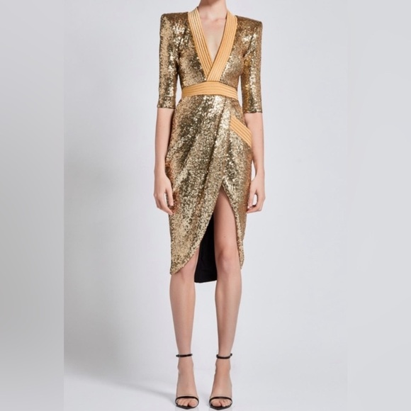 Zhivago Eye of Horus Gold Sequin Should Pads Dress Size 4 - Picture 10 of 11